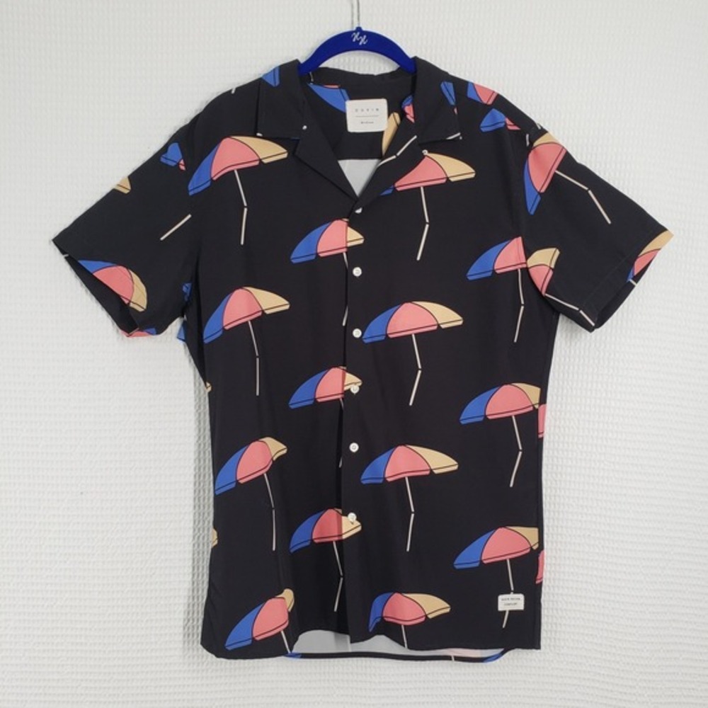 Duvin Button Up Shirt Mens Medium Black Beach Tropical Short Sleeve Stretch Camp